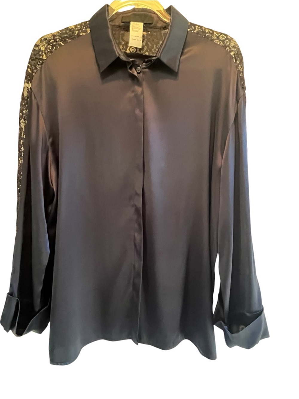 ✨GORGEOUS VINTAGE LES
COPAINS SILK & LACE Navy Blue BLOUSE SZ 48= US 12/XL